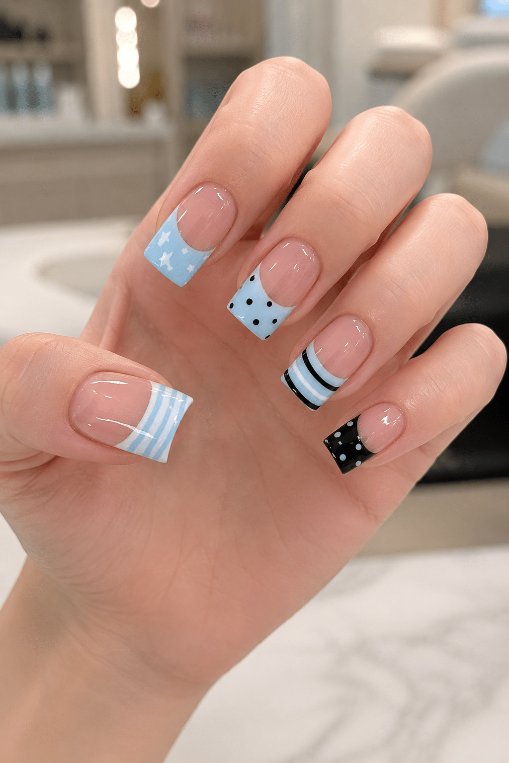 Blue Mix and Match Nails: Cute French Tips with Stars, Stripes and Dots 2 Blue Mix and Match Nails