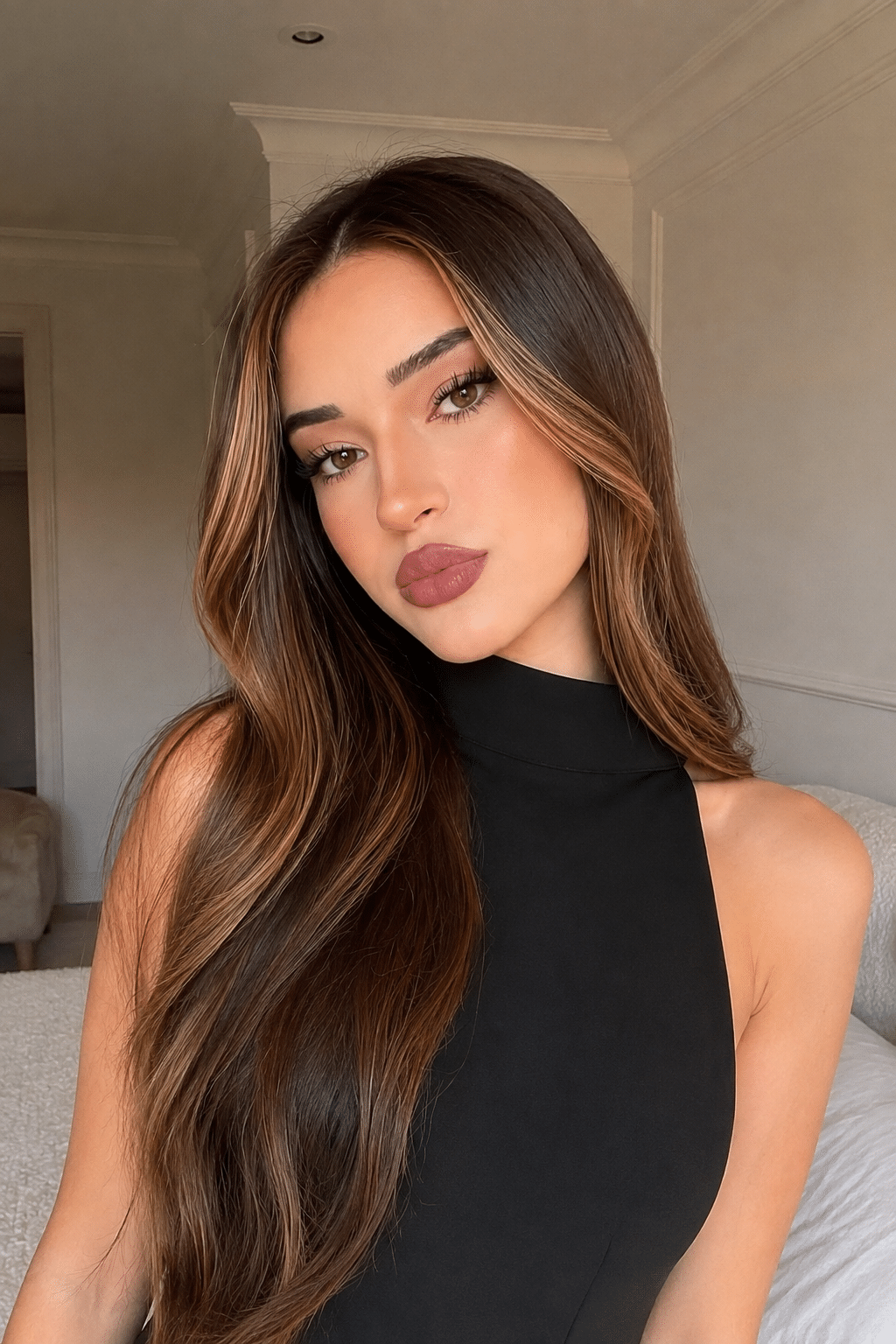 Elegant Brunette Glam With Soft Waves and Face-Framing Highlights 2 elegant brunette glam