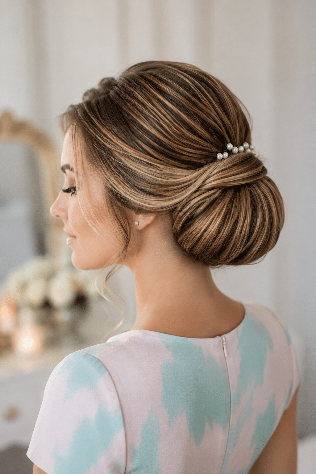 Elegant Low Bun Updo With Soft Layers and Pearl Details 2 elegant low bun updo