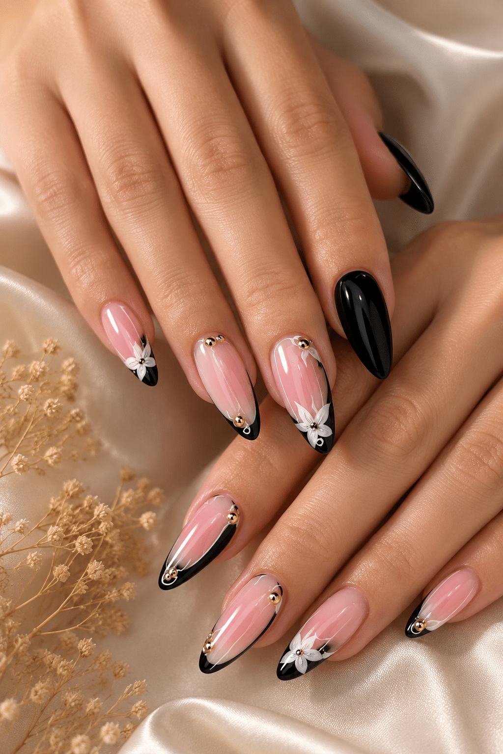 Black French Tip Floral Nails: Chic & Elegant Manicure Ideas 3 Black French Tip Floral Nails