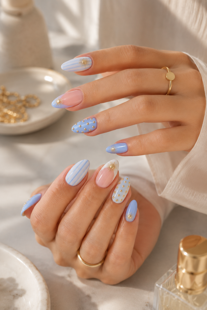 soft blue sunburst nail ideas
