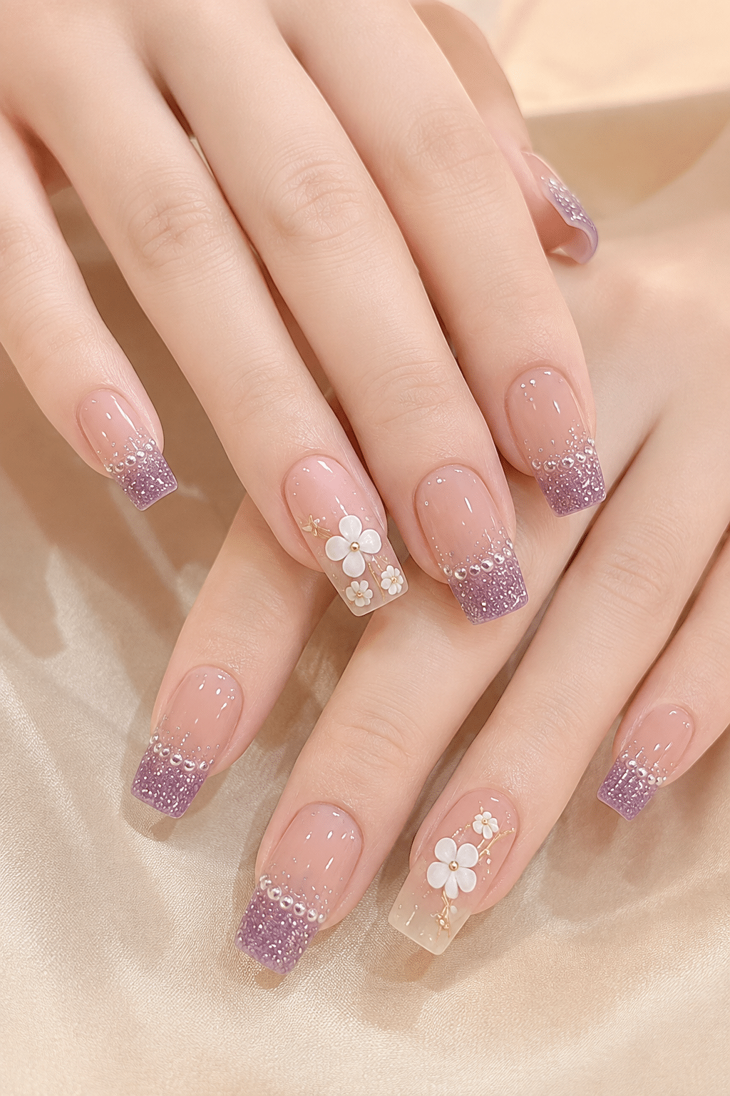 Lavender Glitter Floral Nails: Elegant Sparkly French Tips With 3D Flowers 3 lavender glitter floral nails