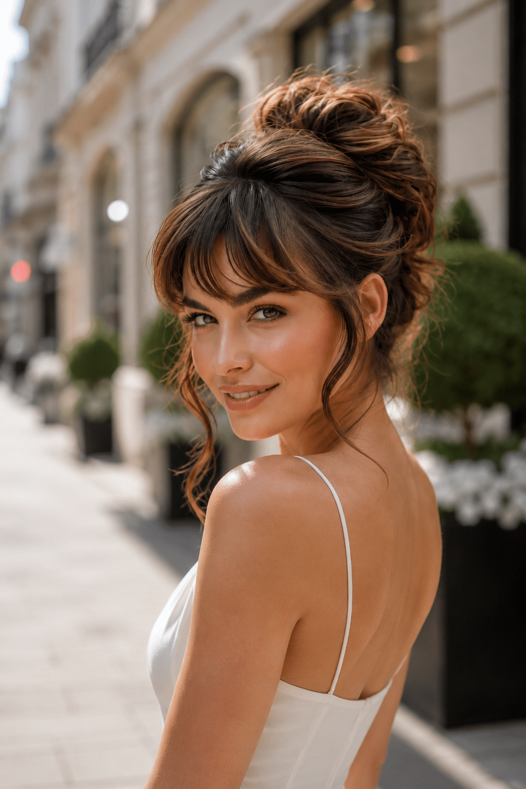 Elegant Messy Bun With Bangs and Face-Framing Strands 2 Elegant Messy Bun With Bangs and Face-Framing Strands