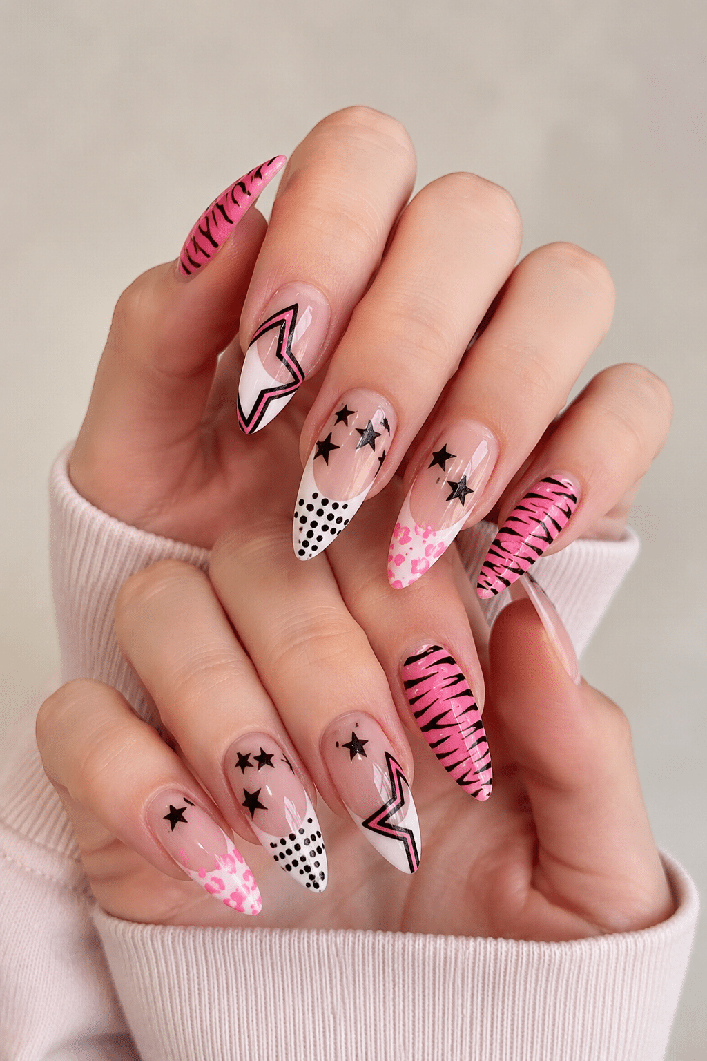 Pink zebra star nails