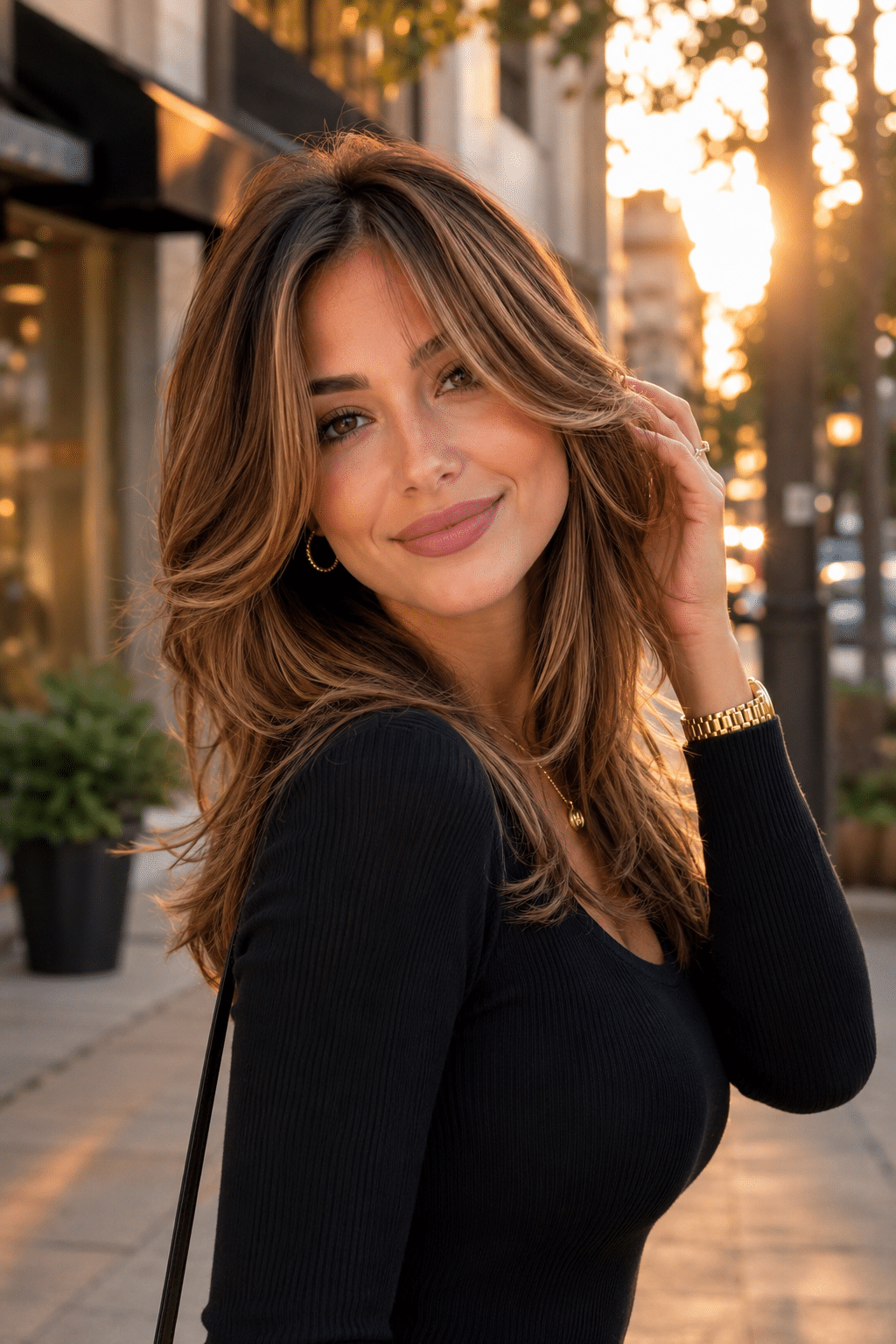 Layered Brunette Hair With Curtain Bangs and Caramel Highlights 2 Layered Brunette Hair