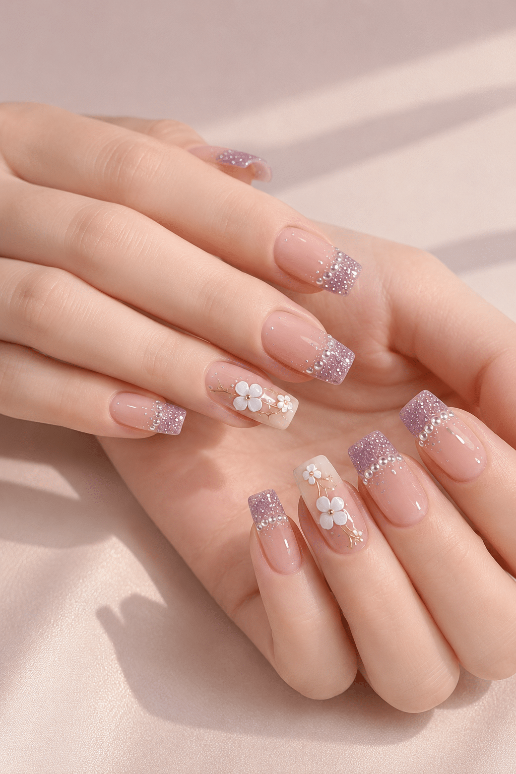 lavender glitter floral nails